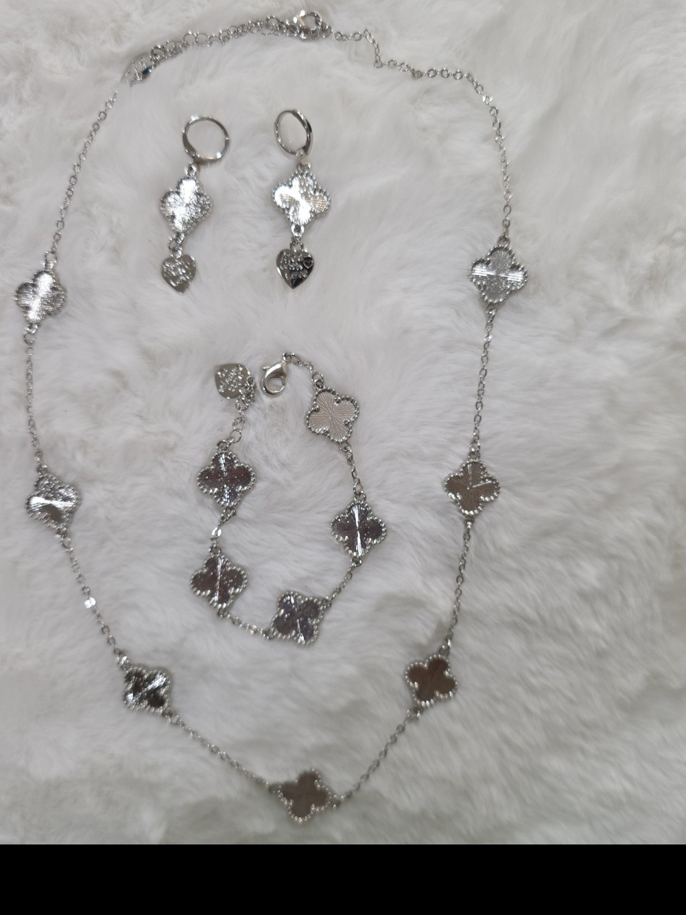 Silver Plated Clover Link Jewelry Set - Necklace, Bracelet & Earrings